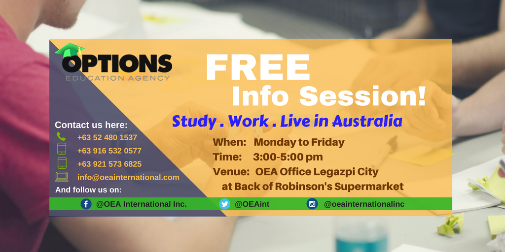 OEAint's tweet photo. We are inviting you to attend our Free Info Session every Mondays to Fridays 3-5 P.M in our office located at the back of Robinson's Supermarket.
For inquiries contact us.
#StudyAbroad #AustraliaGoals #OptionsEducationAgency #StudyWorkLiveAbroad  #StudyAustralia #OEAIntl https://t.co/nqUSteCOU6