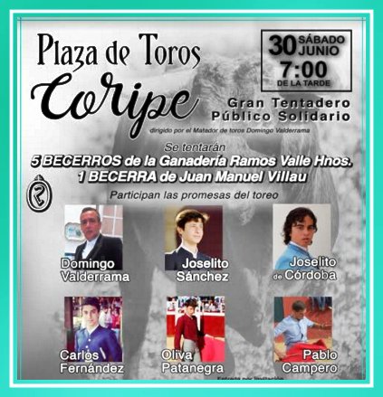 Los alumnos de la Escuela Taurina de Sevilla JOSELITO SANCHEZ Y PEPE OLIVA torean el dia 30 de Junio en Coripe.