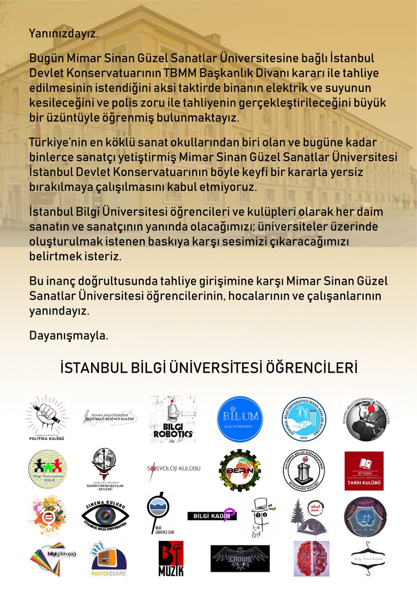 Bilgi Üniversitesi öğrencileri ve kulüpleri olarak #MSGSÜ nün yanındayız.
#MSGSÜyeDokunma
#KonservatuvarSokakta
#Çıkmıyoruz
