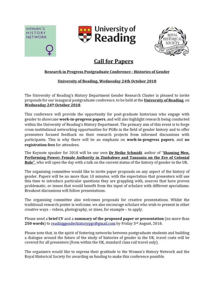 CharCrouch's tweet photo. Morning #medievaltwitter/#twitterstorians! Calling all PGRs working on gender histories...we're very excited to welcome proposals for @UniRdg_History's inaugral PG conference on Histories of Gender. Fantastic opportunity for networking and focused feedback. https://t.co/nRq0avmFhd