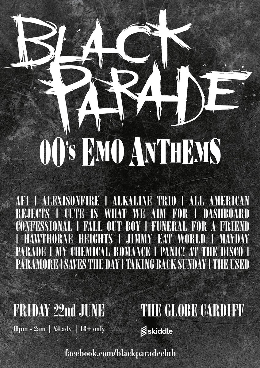 BlackParadeClub's tweet photo. CARDIFF! We're bringing our 00's emo party to @GlobeCardiff tonight from 10pm - 2am.
Tickets £4 from: https://t.co/XL9CELQkQi.
£5 on the door tonight. https://t.co/G5Fln3wd6d