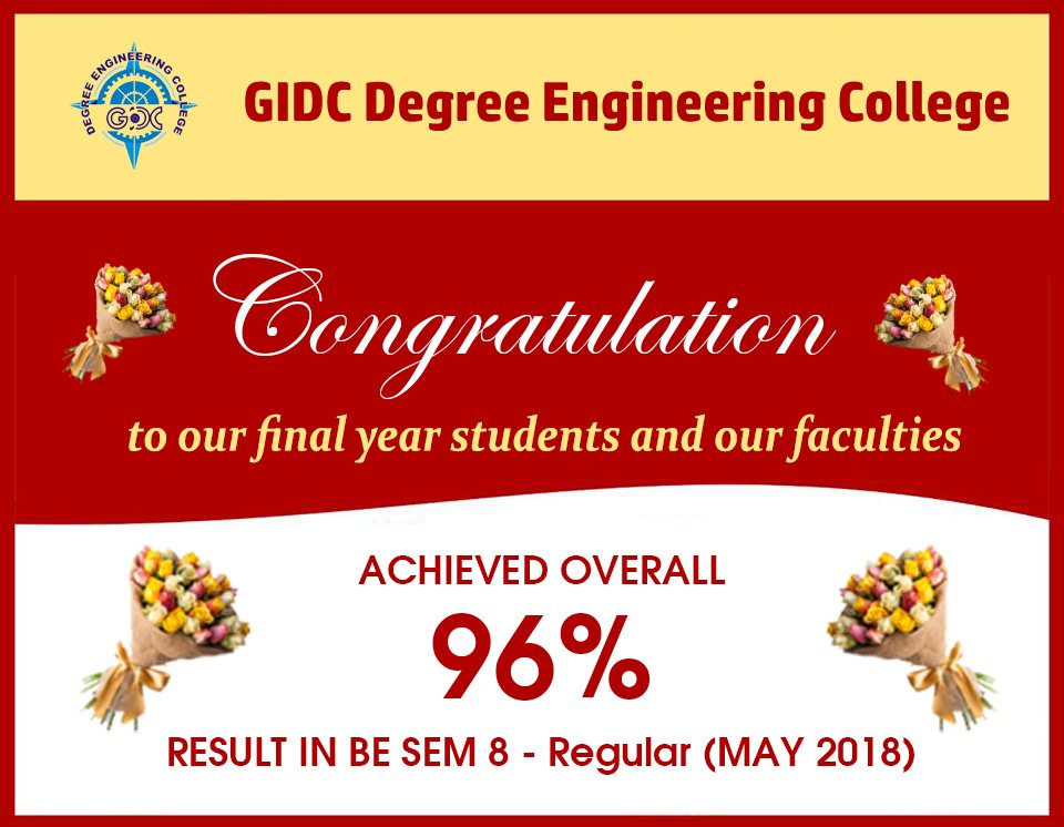 gdeccollege's tweet photo. GIDC Degree Engineering College has achieved overall 96% result in Summer-2018 GTU exam

@GTUoffice @gtuinfo_in @gtu https://t.co/IkJOWv8yA2