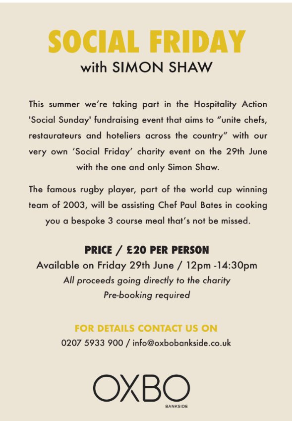 Our very own celebrity chef <a href="/chefpaulbates/">Chef Paul Bates</a> is hosting a charity lunch at @OXBOBankside with <a href="/EnglandRugby/">England Rugby</a> legend <a href="/ShawseyShaw/">Simon Shaw</a>. Tickets only £20.