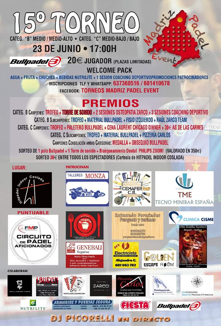 ElPuchero59's tweet photo. ÚLTIMAS PLAZAS PARA EL TORNEO DE ESTE SÁBADO...!!!
#madrizpadelevent #padelon #wpt #madrid #canillejas #sorteos #regalos #muchospremios https://t.co/9MlwovEFqW
