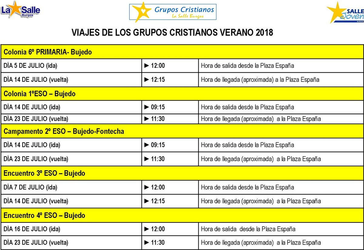 Horario de los autobuses para las distintas colonias y encuentros de Bujedo este verano. #LaSalleesPastoral #gruposcristianos #nohayveranosinBujedo #Bujedo18 #Pastoralnocierra <a href="/LaSalle_Burgos/">La Salle Burgos</a>