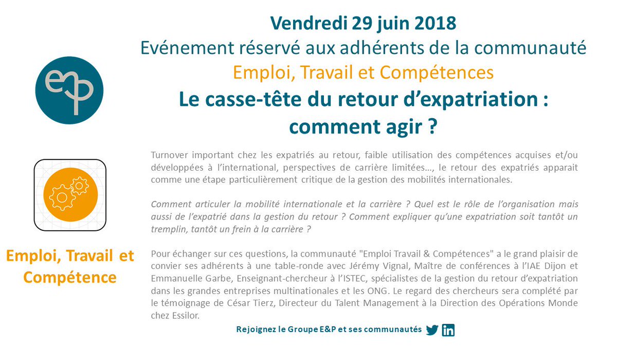 EP_Groupe's tweet photo. Nous avons le plaisir de convier nos adhérents le 29 juin prochain à une table-ronde avec Jérémy Vignal, Emmanuelle Garbe et César Tierz, spécialistes des questions de gestion de l’#expatriation, pour échanger sur le sujet du retour des expatriés. ✈🌍 #Carrière #Mobilité https://t.co/3K7ryscqho
