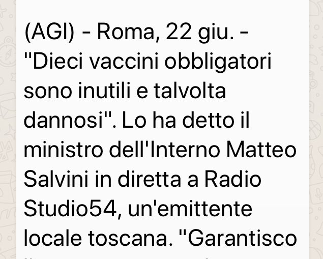 No, Ministro Salvini. Dieci vaccini non sono inutili e tantomeno dannosi, anzi proteggono anche lei, i suoi figli e i suoi elettori. Questa è una bugia pericolosissima; se la dice chi ha la responsabilità della sicurezza del mio paese è cosa molto preoccupante. #medicalfacts