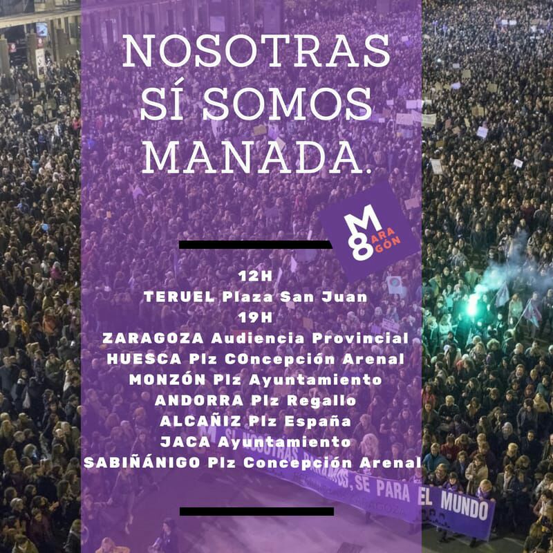 IUHuesca's tweet photo. ‼️ ¡Alerta Feminista! Concentraciones en todo ARAGÓN contra la puesta en libertad de los violadores de #LaManada 
#YoSíTeCreo
Aragón sale a la calle contra la #JusticiaPatrialcal 👇 https://t.co/RY7GRSn0Cy