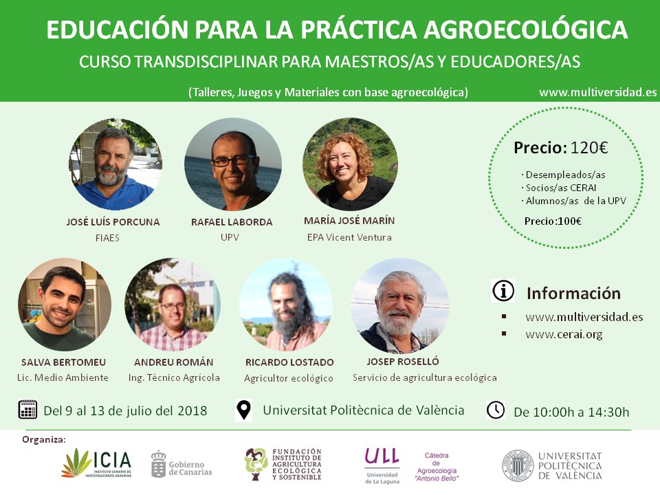 Del 9 al 13 de julio tendrá lugar en #Valencia el curso "Educación para la práctica agroecológica", dirigido a maestros/as y educadores/as 
ow.ly/ZVsK30kCc3x