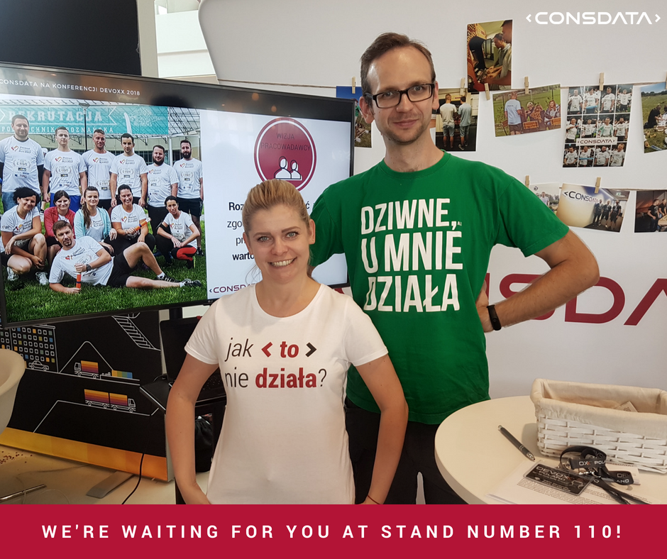 Consdata's tweet photo. Time is running out, but we can still share our best practice and experience! Are you on #DevoxxPL? Come to #ConsdataStand110 👌🏃‍♀️🏃‍♂️
#TeamConsdata #devoxxpoland #ConsdataNaDevoxx https://t.co/BXe40FtrNV