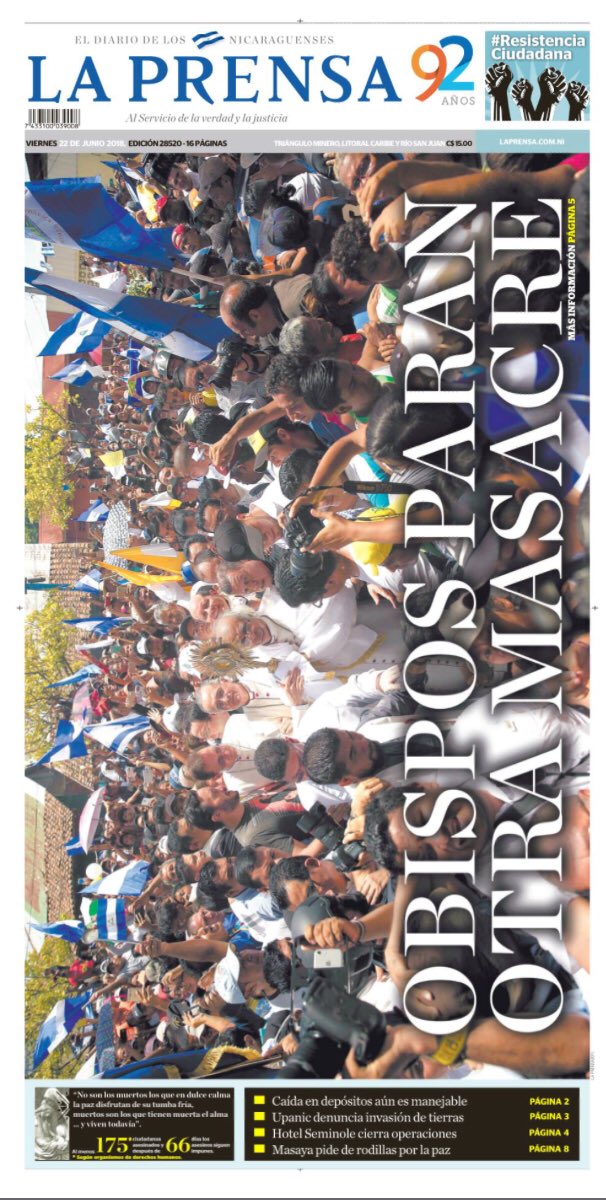 navax1969's tweet photo. Portada histórica del diario La Prensa, lo que sucedió ayer en Masaya será recordado con mucho amor y devoción al ver a los obispos y al nuncio interceder por el aguerrido pueblo de Momimbo, esto es historia señores, esto sí valdrá la pena recordar por siempre #prohibidoolvidar https://t.co/msOdRlILBA