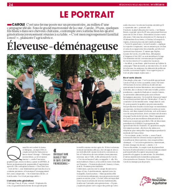 2000etmoins's tweet photo. Carole éleveuse-déménageuse. Le portrait de Carole, éleveuse bio contestataire en #Charente sort aujourd'hui dans la revue été de la Région @NvelleAquitaine ! Par @CDecorde et @PSlvns . #cheztatacaro #toutestbio #4èmedecouv https://t.co/41t8VFemuK