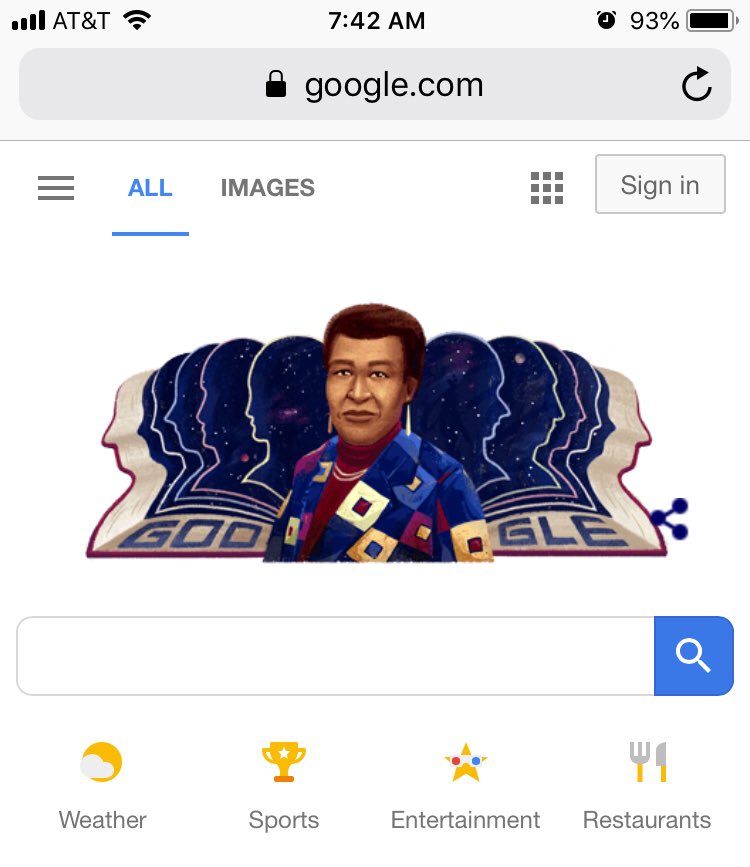 Today s Doodle honors the great Octavia E Butler. Happy 71st birthday!   