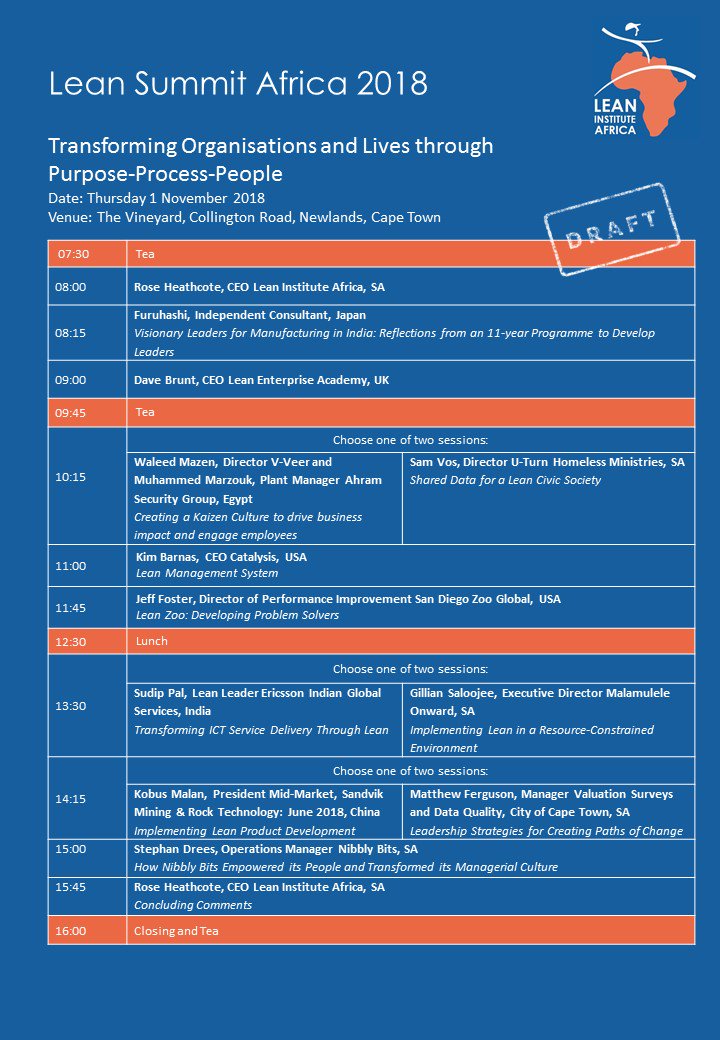 Lean_Africa's tweet photo. Day 2 of our #Lean Summit Africa 2018 Programme includes #JeffFoster from @sdzglobal, #GillianSaloojee from @MO_cpchildren, #KobusMalan from @Sandvik_Mining, #MatthewFerguson from @CityofCT &amp; @stephanedrees from #NibblyBits. https://t.co/TigKk1FF1A https://t.co/tgtdeEHuXU