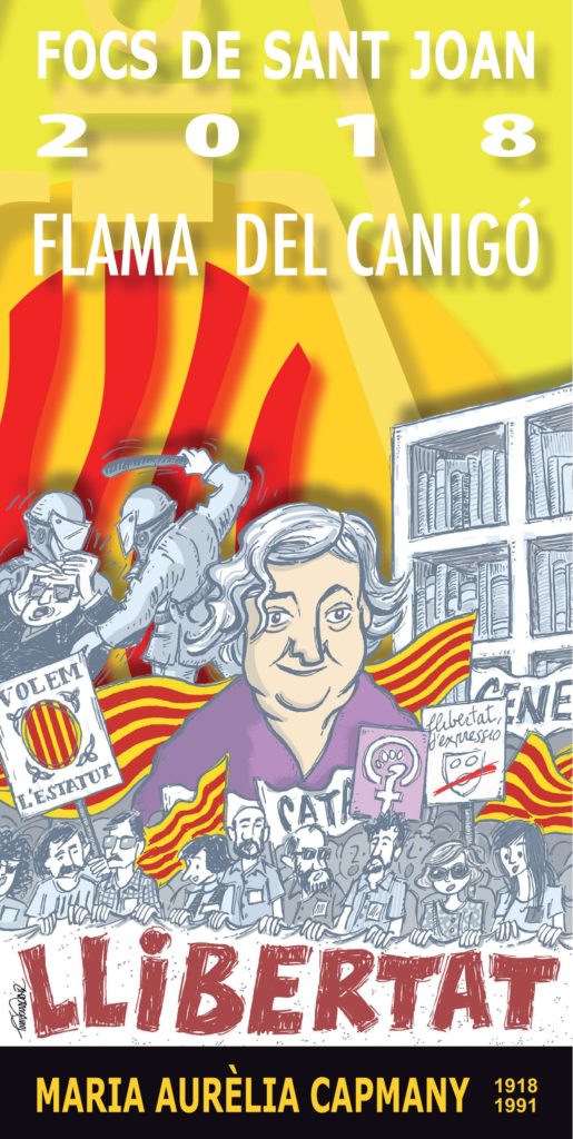 Tradicat's tweet photo. Postal #FlamadelCanigó #Tradicat 2018 dedicada a Maria Aurèlia Capmany. 1a dona que rep aquest honor, ja tocava! #Osona #Ripollès #Lluçanès #Moianès #Vic #Manlleu #VallèsOriental @omnium @OmniumOsona @Omnium_Ripolles DibuixantToni Donada Text Anna Piella https://t.co/6LwL4lrFye https://t.co/CI4b1sJFAD