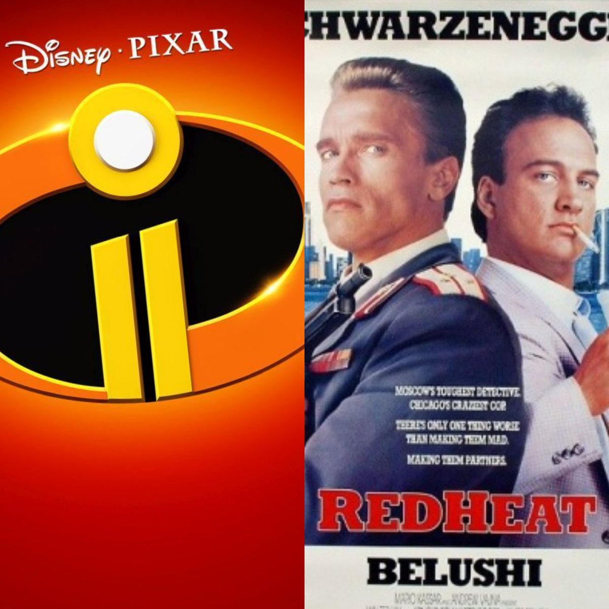 DialNPodcast's tweet photo. Box office no1 from today and this day in 1988. Or 30 years ago for us #nerdsofacertainage. Both stone cold classics, imo. #Incredibles2 @Schwarzenegger @JimBelushi https://t.co/r13QVC1eEz