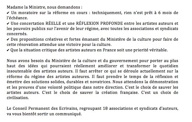 Samanthabailly's tweet photo. @CharteAuteurs @FrancoiseNyssen @PenelopeB @Bouletcorp @BenoitPeeters @Guillaume_Musso @0liviergay @CamilleBrissot @PLemaitreAuteur @OlmiVeronique @ATrapenard @joannsfar @tatianaderosnay @SNACBD @comSGDL @florencehinckel @ChattamMaxime @YeahCy @atlftraducteurs @AlexandreJardin @AnglaMorelli Madame la Ministre @FrancoiseNyssen, les #auteursencolère sont plus unis que jamais, dans une solidarité extraordinaire. Notre demande est simple : sauver les artistes auteurs. Sauver l'avenir culturel de la France. Pas d'auteurs, pas de livres. https://t.co/QgRHP77hf1