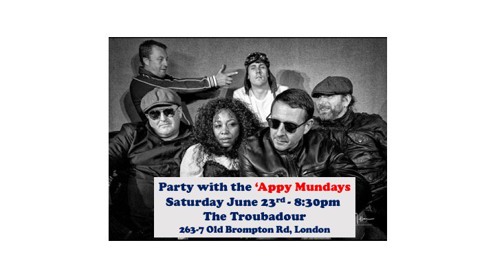 Troubadour (@troubadourldn) on Twitter photo Happy Mondays Tribute Party on Saturday Night at #TheTroubadour with Appy Mundays!
<a href="/AppyMundays/">Appy Mundays</a> @LondonLiveEvent #LondonLive #LiveMusic Happy Mondays Tribute Party on Saturday Night at #TheTroubadour with Appy Mundays!
<a href="/AppyMundays/">Appy Mundays</a> @LondonLiveEvent #LondonLive #LiveMusic