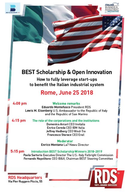 BESTProgram_it's tweet photo. Lunedì #25giugno nella sede di @RDS_official si terrà l'evento "How to fully leverage #startups to benefit the Italian Industrial system". Dopo i saluti dell'Amb. Lewis M. Eisenberg della @AmbasciataUSA ci sarà una tavola rotonda e la premiazione dei vincitori del bando #BEST2018 https://t.co/rGyhzonh7q
