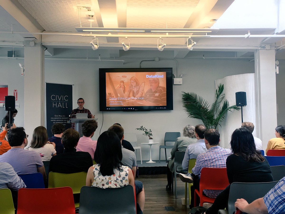 _paramjotkaur's tweet image. Happening @CivicHall: @MicrosoftNY #MachineEatable with @jakeporway Director of @DataKind discussing ethics of data, artificial intelligence, and machine learning 💻