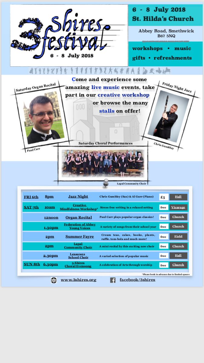 A new festival is coming to Warley. Jazz, classical and choral events with many stalls and a great workshop! I hope you can come along!
3shires.org
