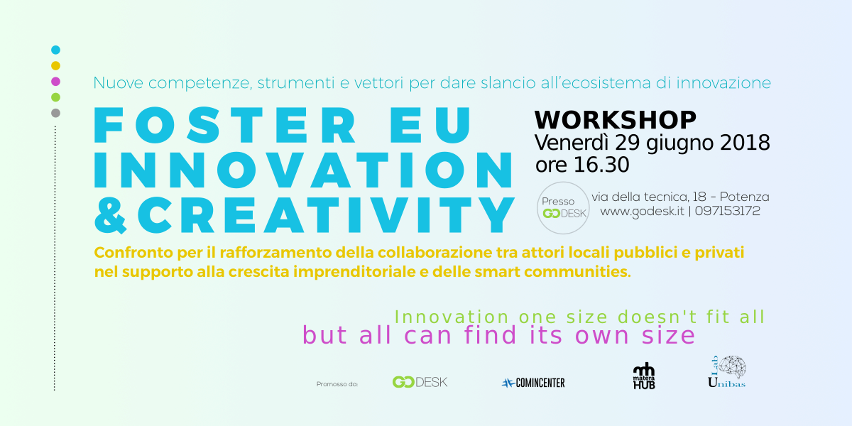 Qual è lo stato dell'ecosistema d'innovazione lucano? Quale ruolo possono avere gli attori locali? Scegli il tuo panel e dai il tuo contributo! 🗓️Appuntamento da GoDesk il 29/06/2018, h. 16.30 assieme a <a href="/Comincenter/">Comincenter</a> <a href="/materahub/">materahub</a> e <a href="/CLabUnibas/">Contamination Lab Unibas</a>! 

INFO: bit.ly/2K8jaj1