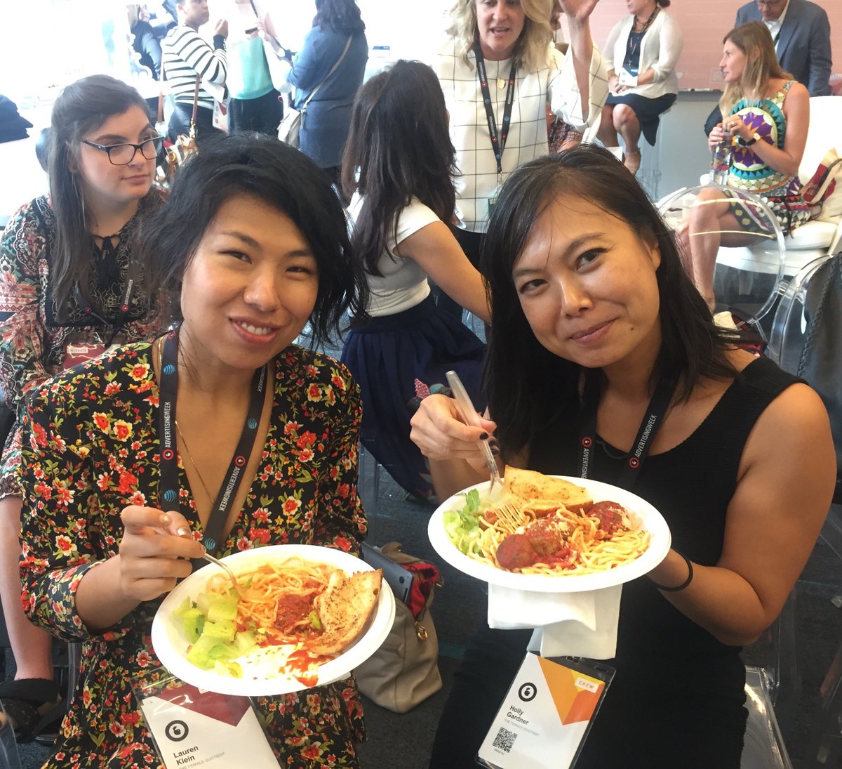 Erica_Keswin's tweet photo. My whole mission surrounding the #spaghettiproject is to bring people together through the power of a shared meal. Love this shot of two ladies connecting and eating delicious spaghetti and meatballs at @weareTFQ's #TheGirlsLounge #AdWeek where I gave a talk last fall. https://t.co/sql5rVI0xY