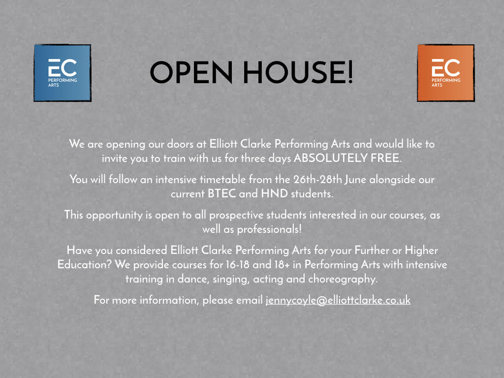 Open House coming next week - 3 days of FREE TRAINING! 

All prospective students and professionals are welcome. 
Email jennycoyle@elliottclarke.co.uk for more info and to reserve your place. 

Elliott Clarke - Creating Creative people since 1925.