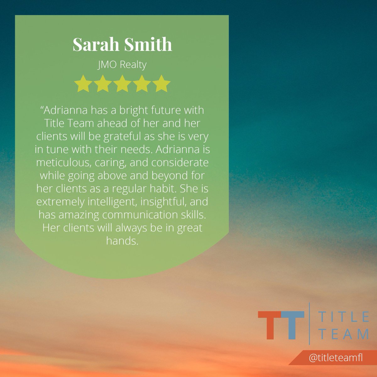 Today's feature Friday goes to Sarah Smith of JMO Realty. Thank you so much Sarah for allowing us to serve you and your clients. We appreciate your enthusiasm! 
#featurefriday #stellarservice #loveourclients #titleinsurance  #leaveareview #titleteamfl #flrealty #customerservice