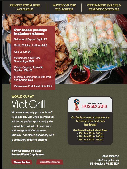 HiVietKitchen's tweet photo. Have you heard that our restaurant @VietGrill_Ldn is showing the world cup! 
Not just that.. they have created a fantastic little snack menu and ordered in extra Saigon beer to keep you going! 
Who's visiting on Sunday for Englands 2nd game? https://t.co/IaoWMOoxtn
