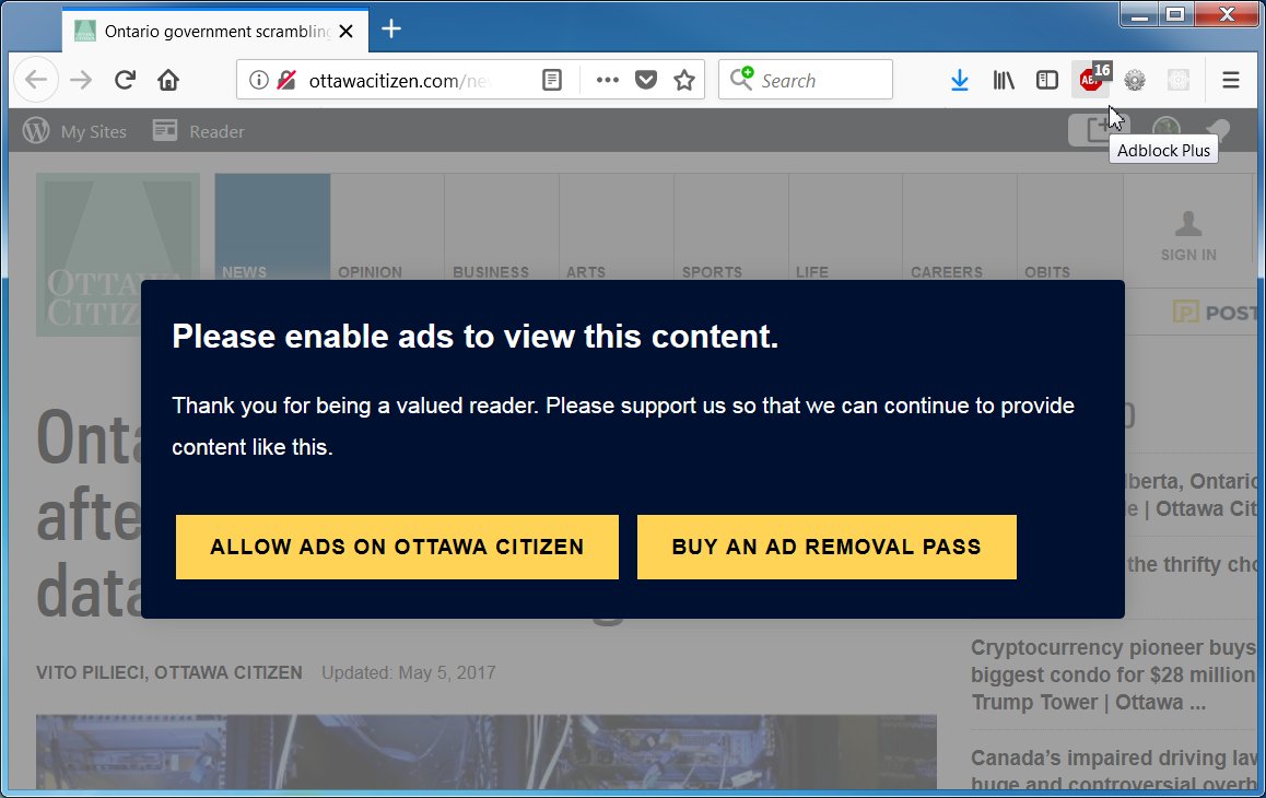 scunliffe's tweet image. @OttawaCitizen - 16! ads to view a single article?! and you have the nerve to try to force me to turn off Adblock? - How about maybe serve up say 12 less ads instead? #Usability #ReaderView