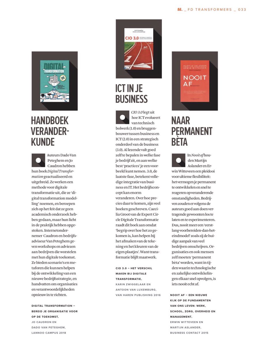 KarinZegt's tweet photo. Weekendbijlage FD Transformers 2018 over digitale transformatie met een hele goede boekselectie! CIO 3.0! https://t.co/pdzPubEHnP #CIO30 @antoonvanl @MxIpartners @VanHarenpub https://t.co/476HGu3HSp