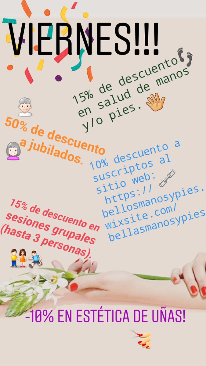 BellsManosyPie2's tweet photo. Llegando al finde...
#Adomicilio #ZonaNorte #ZonaNoroeste #manos #pies #uñas #bienestar #salud #estética #ManicuriaExpress #ManicuriaMasculina #ServiceDeEsculpidos #EstéticaDeUñas #SesionesGrupales #Manicuria #Pedicuría
#SaludDePiesYmanos #ExtensiónDeUñas #Kapping #Dipping https://t.co/xxfT3rNg33