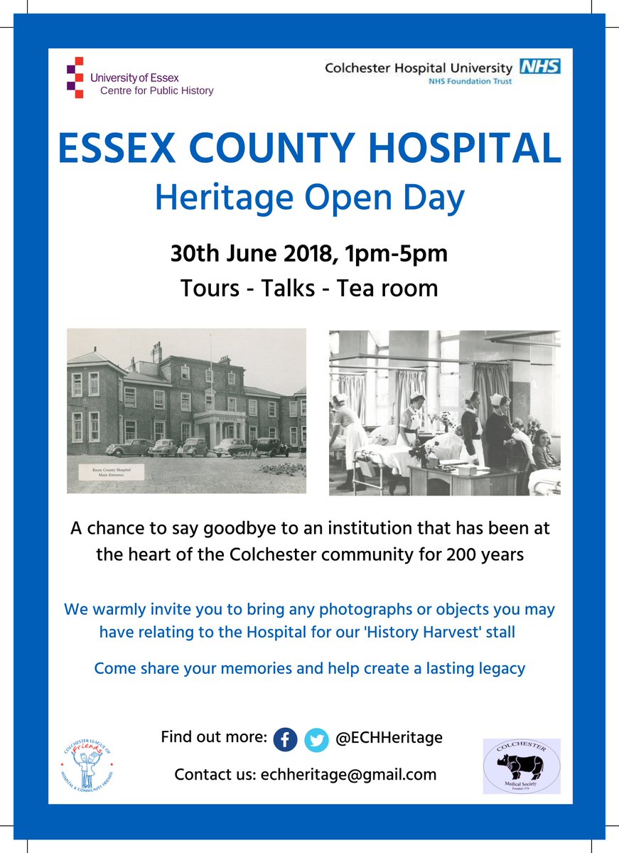 An open day is being held at Essex County Hospital on 30 June. ECH closes down later this year and this event will allow visitors to tour the site, listen to talks &amp; bring any memorabilia they may have to include in a history harvest #loveyournhs #nhs70 colchesterhospital.nhs.uk/press_release_… …
