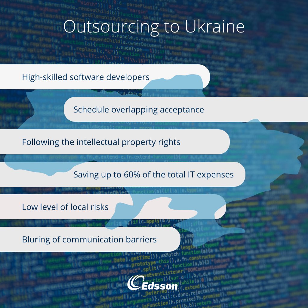 EdssonSoftware's tweet photo. Ukraine is still one of the top outsourcing countries worldwide. What are the benefits to outsource your business to this country?
#business #Ukraine #highend #outsourcing #b2b #businesstobusiness #Edsson https://t.co/FbFqOV6QkZ