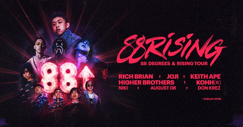 Tix go on-sale 10AM local time TODAY for the 88 Degrees &amp; Rising Tour! 🌡️

<a href="/richbrian/">Rich Brian</a> <a href="/sushitrash/">JOJI</a> <a href="/keithape/">ⓀⒺⒾⓉⒽ ⒶⓅⒺ' 19 ⊕</a> <a href="/HigherBrothers/">Higher Brothers</a> <a href="/kohh_t20/">KOHH Official</a> <a href="/nikizefanya/">NIKI</a> <a href="/august08/">“SEASICK” OUT NOW</a> <a href="/DonKrez_/">D o n K r e z</a> &amp; more in select cities! 

More info @ 88rising.com