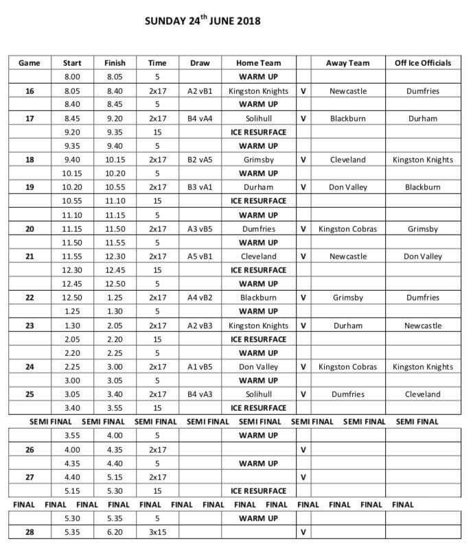 The Newcastle Predators will be at the annual Kingston Tournament in Hull this weekend.
Fixtures attached.
We will update the scores throughout Saturday and Sunday. If you want to know scores from other teams too, please tweet us. #beerleague #icehockey #rechockey