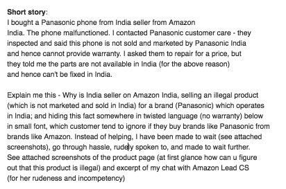 prash8187's tweet photo. Bought an product from @amazonIN, it malfunctioned, came to know its an #illegal product and hence no warranty. And no help/ response from #CustomerService after following up for 20days. @amazon @AmazonHelp @JeffBezos @PanasonicIndia @panasonic PS-I'm a loyal customer https://t.co/MA4h6EnL12