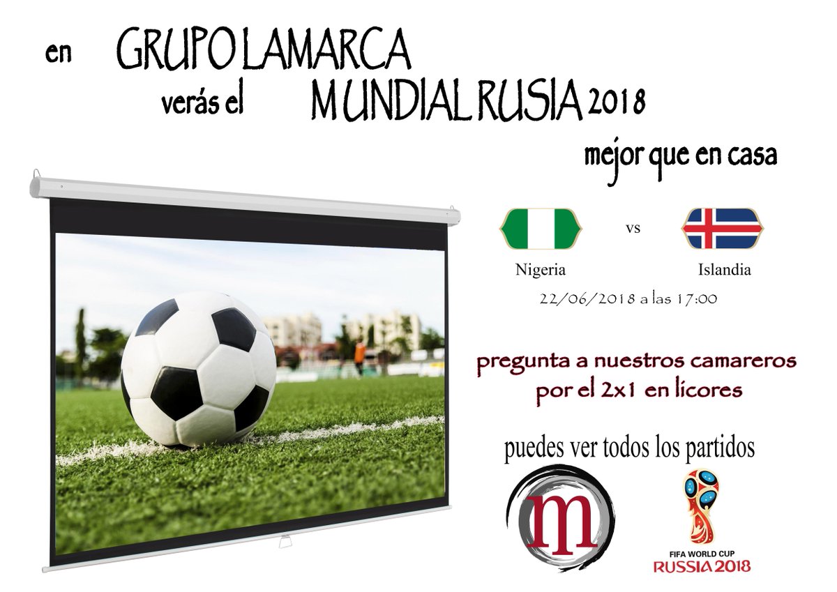 grupolamarca's tweet photo. #BuenasTardes hoy tenemos un apasionante #partido del #MundialRusia2018 que enfrentan a #NigeriaIslanda donde las dos tienen una victoria de Islandia dejaría casi fuera del @fifaworldcup_es a #Argentina 

Ven a ver este partido y disfruta de nuestro #2x1

#almeria #Lamarca https://t.co/Pt4w2biRsK