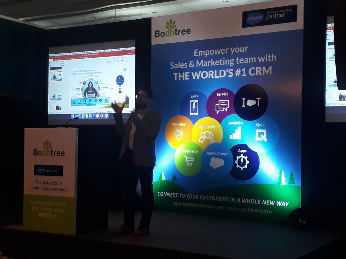 Bodhtree's tweet image. Aditya Sharma presenting the salesforce product #CustomerService #BTSF18 #SalesforceEvent #Hyderabad