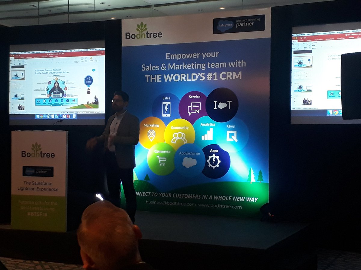 Bodhtree's tweet image. Aditya Sharma presenting the salesforce product #CustomerService #BTSF18 #SalesforceEvent #Hyderabad