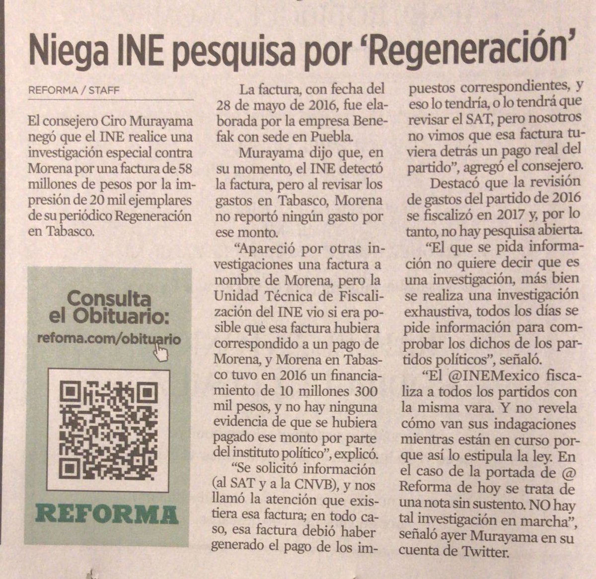 JohnMAckerman's tweet photo. FALSA la información divulgada ayer por @reformanacional sobre una supuesta factura de 58 millones de pesos de Morena para impresión de @RegeneracionMx.

Fueron solo 58 MIL.

Alguien agregó tres ceros🤔 https://t.co/YcysTHhti0