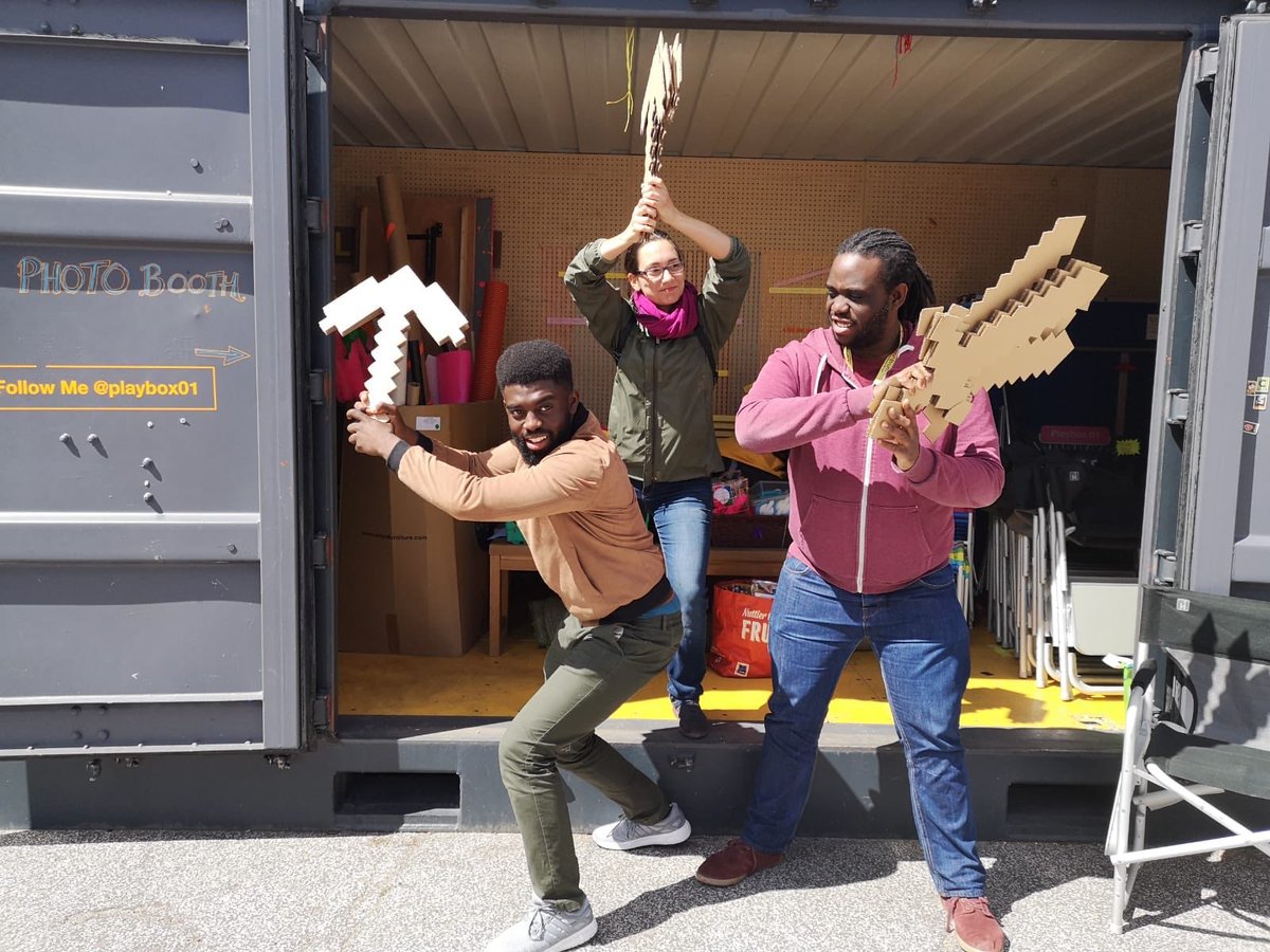 BoxwarsBrum's tweet photo. Yesterday we went on a mission to Leeds to visit @Playbox01 and @playbox002. Some great conversation about creating spaces for play and serious play in Cities. We brought back a bunch of #Minecraft related cardboard creations for #BoxwarsBrum. Many Thanks to @EmmaMBearman https://t.co/LV57BWXEyd