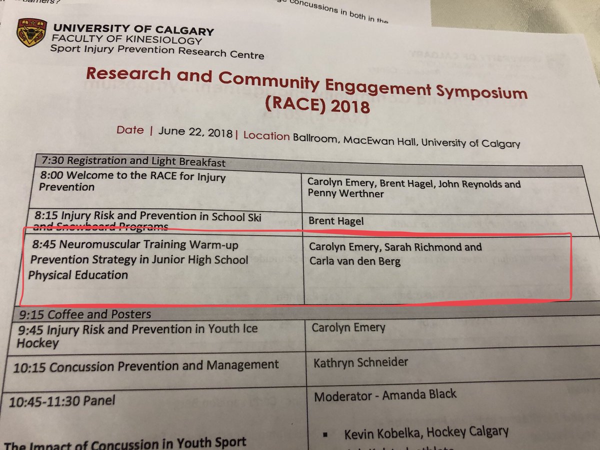 CarlavdB_'s tweet photo. Excited to present at #RACE2018 with Dr @S_A_Richmond on the iSPRINT study on neuromuscular training in junior High PE classes. We’ve been working together 5 years- and finally, get to co-present! 😊 @SIPRC_ https://t.co/sFHpkZYC6K