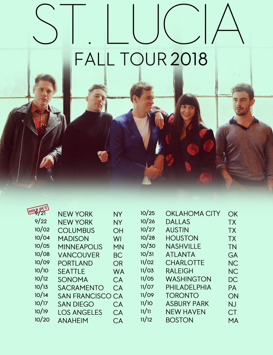 stlucia's tweet photo. New songs means a NEW TOUR! Presale starts this Monday at 10am (pw: paradise), and tickets are onsale Friday 6/29. We've also set up a special VIP ticket for the tour that includes a visit to our soundcheck and lots of other goodies. Can't wait to see your shining faces this fall https://t.co/f4U5rE2QOy