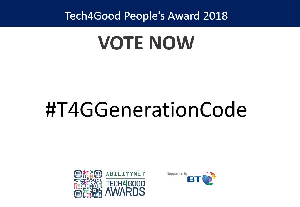 k_wainwright's tweet image. I’m voting for #GenerationCode for the People’s Choice award @Tech4GoodAwards buff.ly/2yEPR6H #T4GGenerationCode @UKYouth