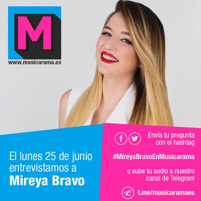 El próximo lunes entrevistamos a @Mireya_ot2017 ¿Quieres preguntarle algo? ¡Escribe tu pregunta con el hashtag #MireyaBravoEnMusicarama o sube tu audio a nuestro canal de Telegram t.me/musicaramaes! #Entrevista #DiscazoMireya #Mireyazo #TuReflejo #Musicarama