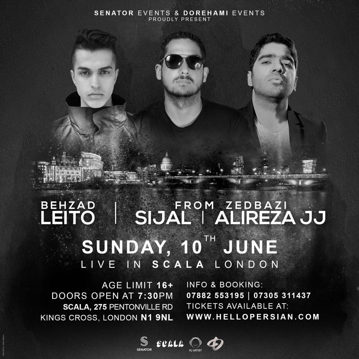 DorehamiEvents's tweet photo. #BehzadLeito, #Sijal &amp; #AlirezaJJ (from #ZedBazi) in #London 🇬🇧
🗓 10 June 2018
📍 #Scala, London N1 9NL
🌐 Organised by #Dorehami_Events
📞 07305311437
🎟 Tickets: https://t.co/6FKJ84Dclg https://t.co/c4VJR5ReZb