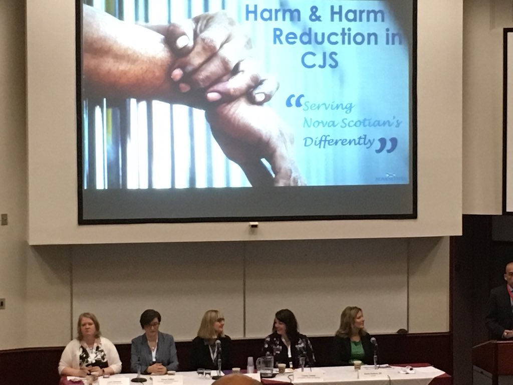 BethePeaceNS's tweet photo. Social Deputies panel at Harm Reduction in Justice System Conf. Working horizontally, interagency collaboration, upstream. All women. @nseducation @nshealth @NS_DCS @NS_Justice @NS_CCH @nsgov #criticalperspectives2018 https://t.co/drGZ1FrUQR