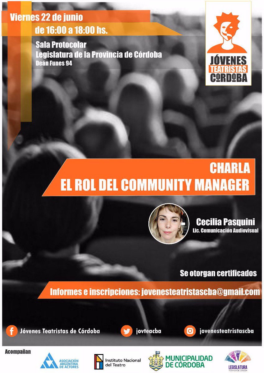 HOY | "El rol del Community Manager"
Como comunicar el teatro en Facebook, Instagram y otras redes sociales.
Coordinado por <a href="/mujeralada/">💚Cecilia Pasquini💚</a>

Ciclo: "MÁS ALLÁ DEL BOCA EN BOCA: Prensa y Difusión para Teatristas" | 16 hs. |Sala Protocolar de la Legislatura Provincial (Dean Funes 94)